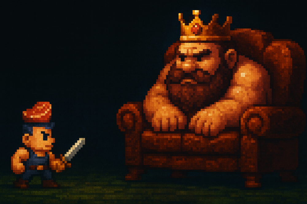 Battle scene: tiny Meathead with a sword faces the enormous Couch King slumped on his sofa throne