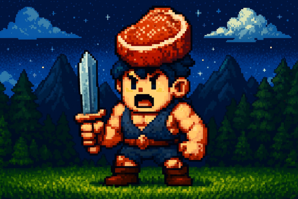 Meathead, a small pixel-art hero with a meat hat and sword, standing in a mountain landscape