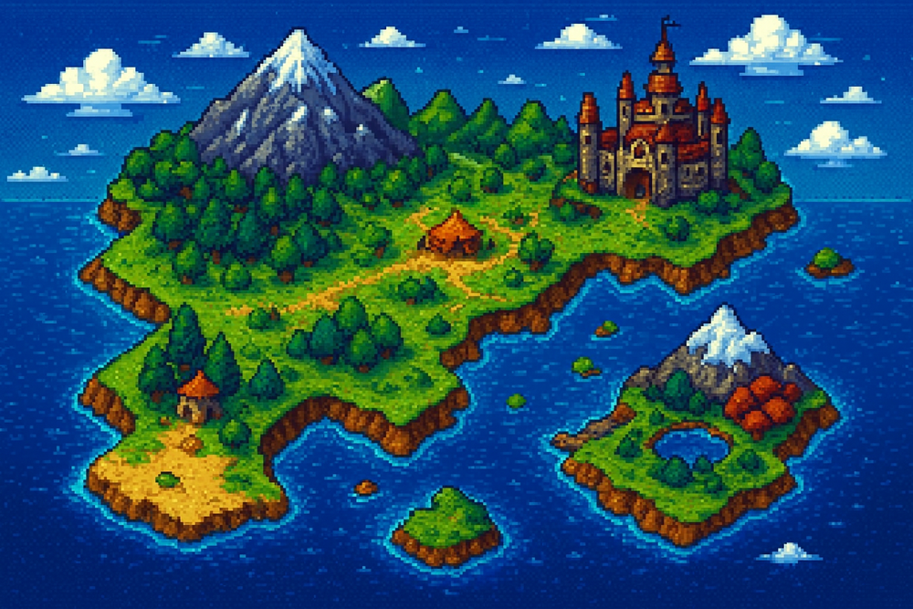 Pixel-art overworld map with islands, mountains and a castle