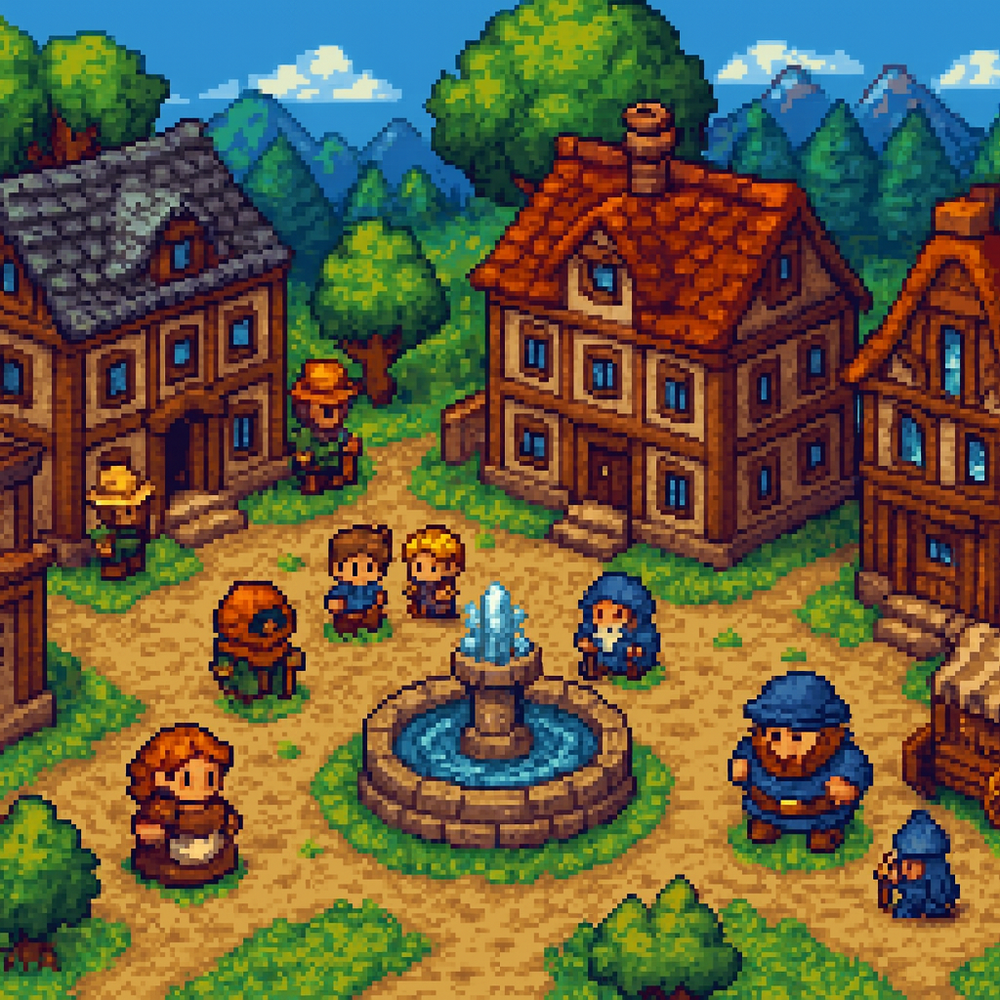 Pixel-art town square with a fountain and villagers